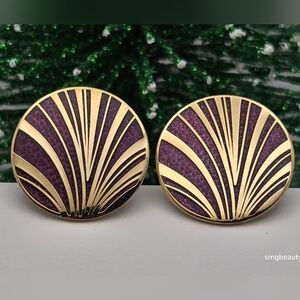 Vintage Rococo Purple Enamel Art Deco Fan Earrings Gold Tone NWOT